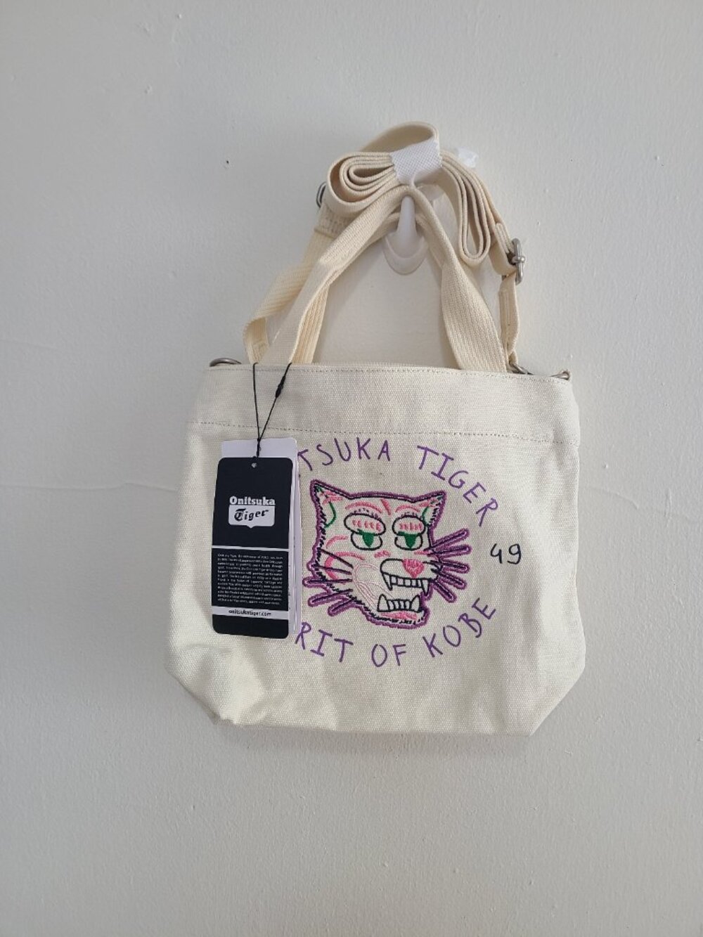 NWT Onitsuka Tiger Off White Canvas Crossbody Small Zip Top Tote Bag